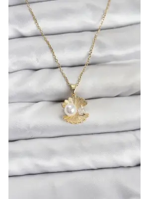 316L Çelik Zincir Gold Renk İstiridye İnci Model Zirkon Taşlı Kadın Kolye