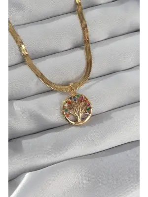  Zincir Altın  İtalyan Zincir li Zirkon Taşlı Yaşam Ağacı Çelik Kolye