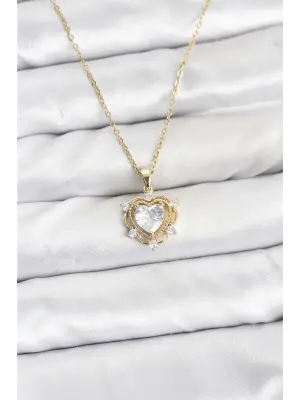 316L Çelik Zincir Gold Renk Kalp Model Zirkon Taşlı Kadın Kolye