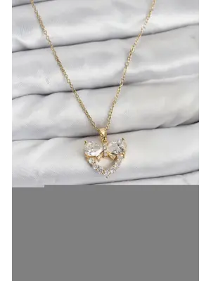 316L Çelik Zincir Gold Renk Kalp ve Fiyonk Model Zirkon Taşlı Kadın Kolye