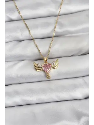 316L Çelik Zincir Gold Renk Kanatlı Kalp Model Zirkon Taşlı Kadın Kolye