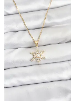 316L Çelik Zincir Gold Renk Kar Tanesi Model Zirkon Taşlı Kadın Kolye