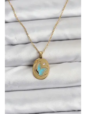 316L Çelik Zincir Gold Renk Kelebek Figür Kadın Kolye