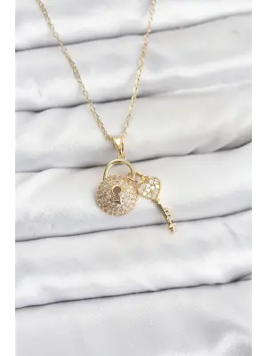 316L Çelik Zincir Gold Renk Kilit Anahtar Model Zirkon Taşlı Kadın Kolye