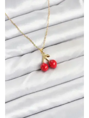 316L Çelik Zincir Gold Renk Kiraz Model Kadın Kolye