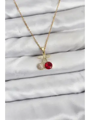316L Çelik Zincir Gold Renk Kiraz Model Zirkon Taşlı Kadın Kolye