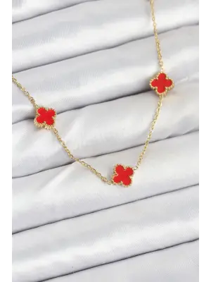 316L Çelik Zincir Gold Renk Kırmızı Baby Boy Yonca Kadın Kolye