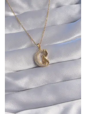  Zincir Altın  Kuş Figürlü Zirkon Taşlı Ay Tasarımlı Çelik Kolye