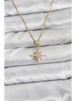 316L Çelik Zincir Gold Renk Kutup Yıldızı Model Zirkon Taşlı Kadın Kolye