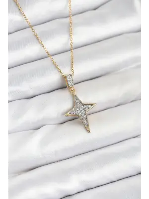 316L Çelik Zincir Gold Renk Kutup Yıldızı Model Zirkon Taşlı Kadın Kolye