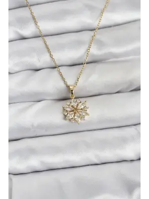 316L Çelik Zincir Gold Renk Lotus Model Zirkon Taşlı Kadın Kolye