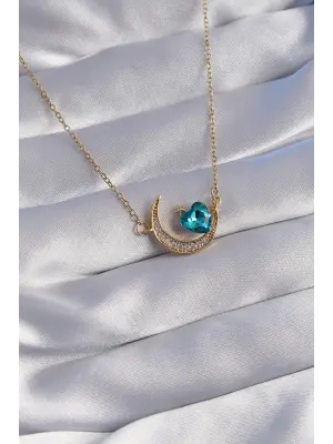  Zincir Altın  Mavi Zirkon Taşlı Ay Tasarımlı Çelik Kolye