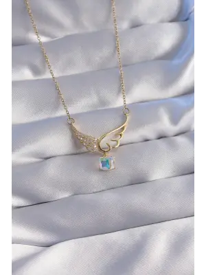  Zincir Altın  Mavi Zirkon Taşlı Melek Kanatlı Çelik Kolye
