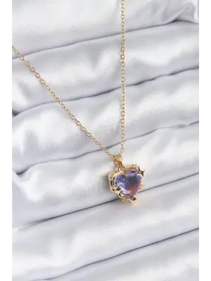  Zincir Altın  Mor  Zirkon Taşlı Kalp Model  Çelik Kolye