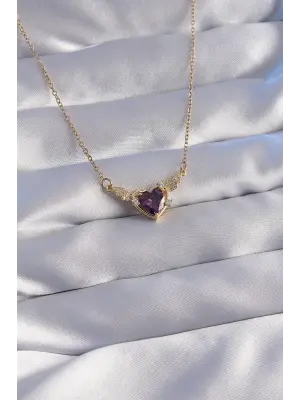  Zincir Altın  Mor Zirkon Taşlı Kanatlı Kalp Çelik Kolye