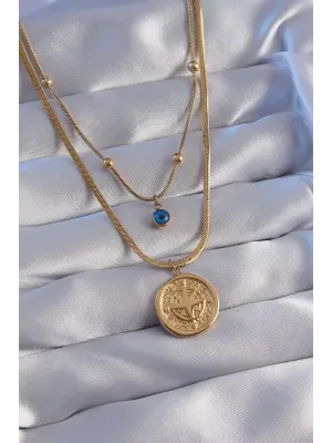  Zincir Altın  Nazar Boncuklu İtalyan Zincirli 2li Pusula Çelik Kolye