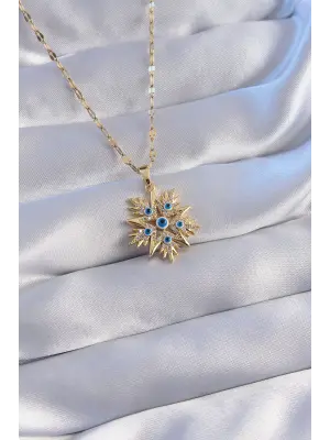  Zincir Altın  Nazar Figürlü Zirkon Taşlı Kar Tanesi Çelik Kolye