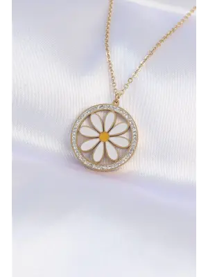  Zincir Altın  Oval Zirkon Taşlı İçi Papatya Çelik Kolye
