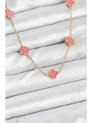 316L Çelik Zincir Gold Renk Pembe Baby Boy Yonca Kadın Kolye