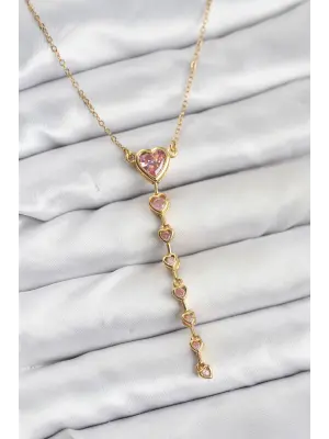 316L Çelik Zincir Gold Renk Pembe Kalp Kadın Kolye