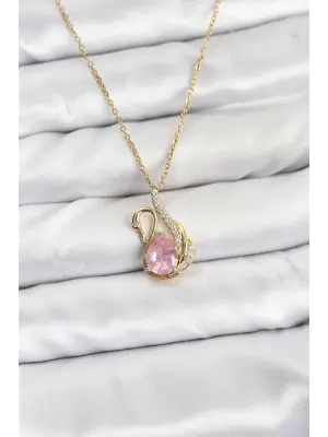 316L Çelik Zincir Gold Renk Pembe Kuğu Model Zirkon Taşlı Kadın Kolye