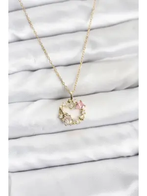 316L Çelik Zincir Gold Renk Pembe Taş Detaylı Çelenk Model Kadın Kolye