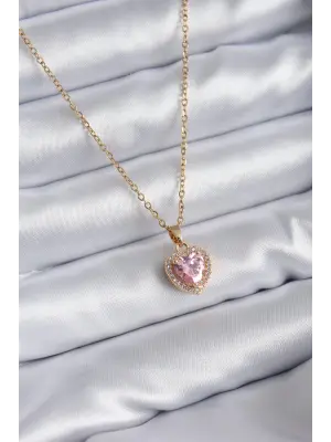  Zincir Altın  Pembe Zirkon Taş Kalp Model Charm  Çelik Kolye