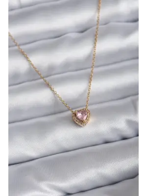  Zincir Altın  Pembe Zirkon Taşlı Charm  Çelik Kolye