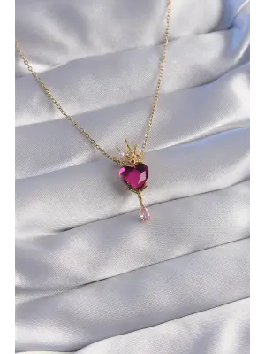  Zincir Altın  Pembe Zirkon Taşlı Damla Detay Rapunzel Model Çelik Kolye