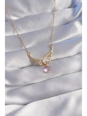  Zincir Altın  Pembe Zirkon Taşlı Melek Kanatlı Çelik Kolye