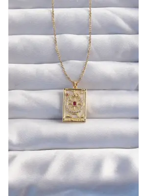  Zincir Altın  Pembe Zirkon Taşlı Tarot Çelik Kolye