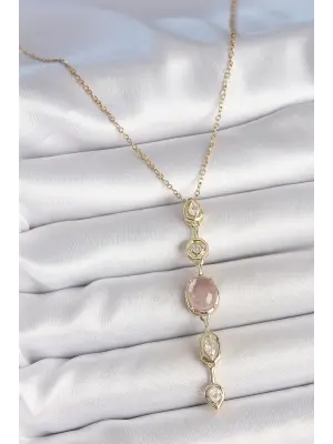 316L Çelik Zincir Gold Renk Pembe Zirkon Taşlı Y Kolye