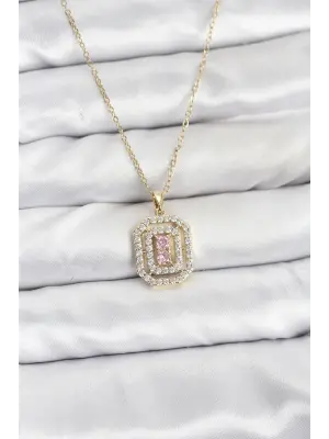 316L Çelik Zincir Gold Renk Plaka Model Zirkon Taşlı Kadın Kolye