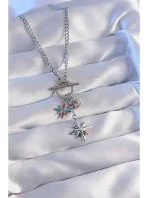  Zincir Altın  li Mineli Zirkon Taşlı Kutup Yıldızlı Çelik Kolye