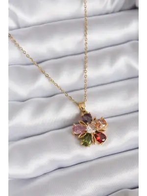 316L Çelik Zincir Gold Renk Renkli Zirkon Taş Çiçek Model Kadın Kolye