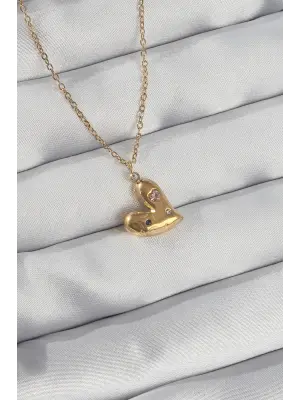  Zincir Altın  li Zirkon Taşlı Kalp Çelik Kolye