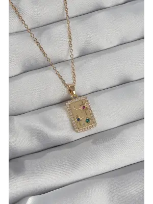  Zincir Altın  li Zirkon Taşlı Vintage Çelik Kolye