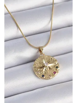  Zincir Altın  li Zirkon Taşlı Yıldız İşlemeli Madalyon Model  Çelik Kolye