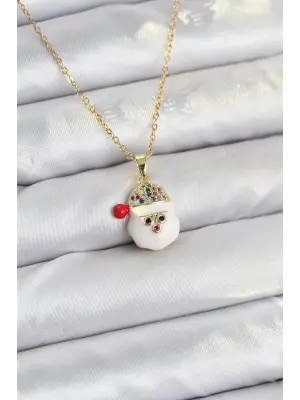 316L Çelik Zincir Gold Renk Şapkalı Kardan Adam Kafası Model Yılbaşı Temalı Kadın Kolye