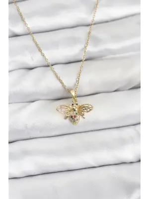 316L Çelik Zincir Gold Renk Sinek Model Zirkon Taşlı Kadın Kolye