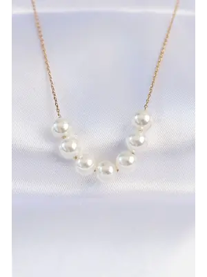  Zincir Altın  Sıralı İnci Taşlı Çelik Kolye