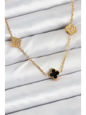 316L Çelik Zincir Gold Renk Siyah ve Zirkon Taşlı Baby Boy Yonca Kadın Kolye