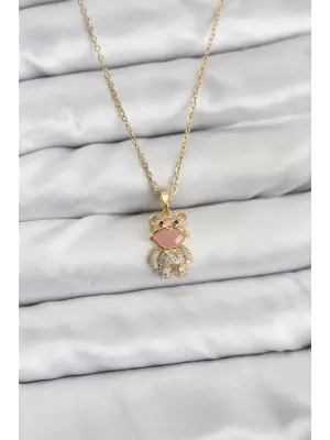316L Çelik Zincir Gold Renk Teddy Bear Model Zirkon Taşlı Kadın Kolye