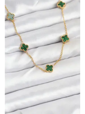 316L Çelik Zincir Gold Renk Yeşil Baby Boy Yonca Kadın Kolye