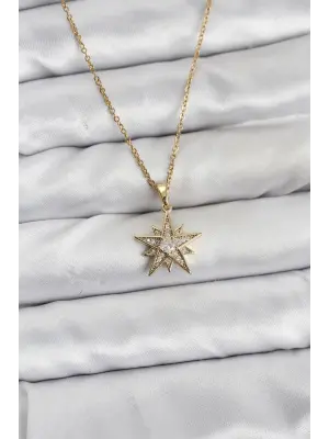 316L Çelik Zincir Gold Renk Yıldız Model Zirkon Taşlı Kadın Kolye