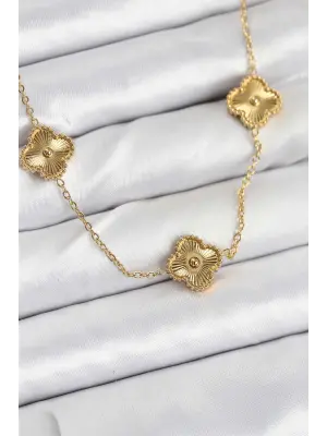 316L Çelik Zincir Gold Renk Yonca Kadın Kolye