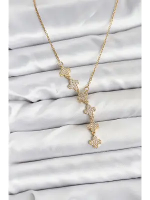 316L Çelik Zincir Gold Renk Yonca Model Kadın Kolye