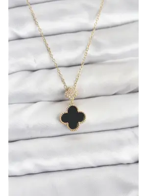 316L Çelik Zincir Gold Renk Yonca Model Zirkon Taşlı Kadın Kolye