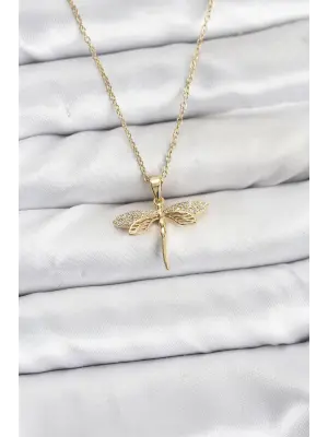 316L Çelik Zincir Gold Renk Yusufçuk Model Zirkon Taşlı Kadın Kolye