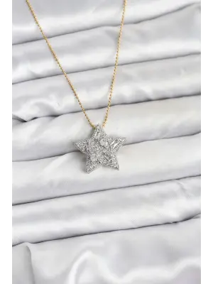 316L Çelik Zincir Gold Renk Zincirli Gümüş Yıldız Model Kadın Kolye